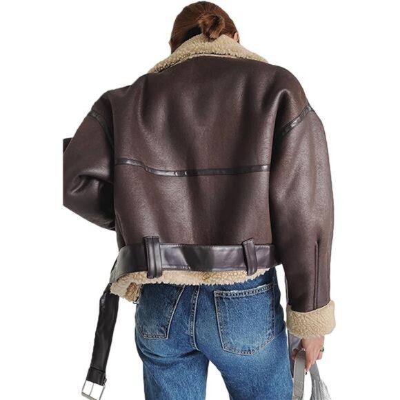 COPY - Winter Women’s Faux Lamb Sherpa Aviator Bomber Jacket – Vintage Cropped … - Picture 4 of 7